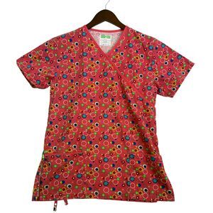Health Pro Womens XS Scrub Top Pink Multicolor Circle Print V Neck Medical Nurse